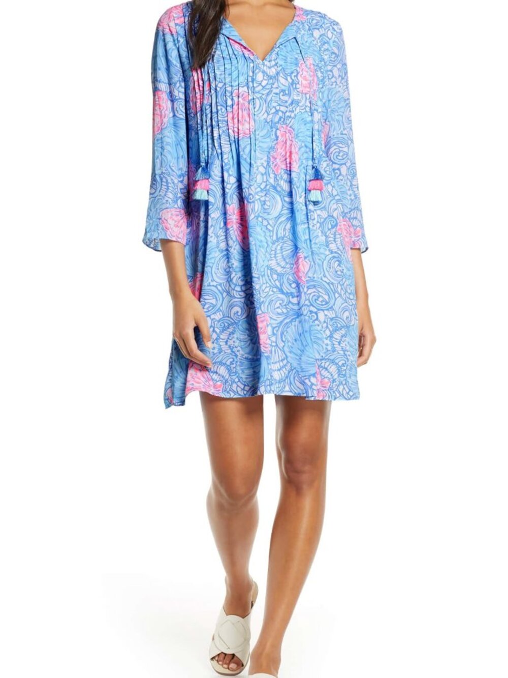 LILLY PULITZER Marlina Tunic Dress w/ Tassels Blue Pink Shells EUC $178 ~ Size M